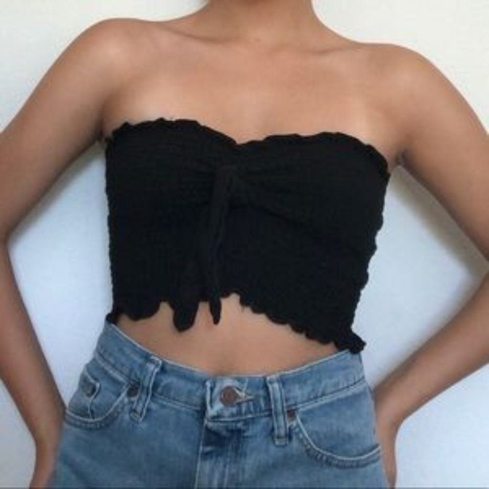 Cotton On Black Ruched Tube Top with Front Tie